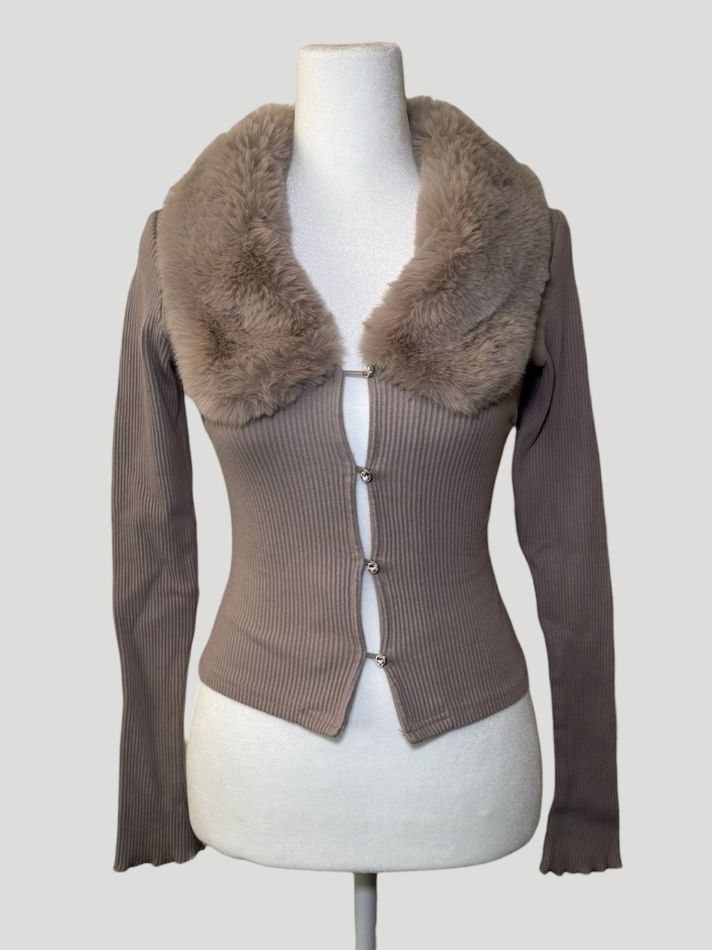 Fashion Nova Beige Faux Fur Collar Long Sleeve Button Up Top